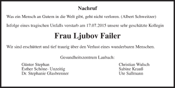 Traueranzeige von Ljubov Failer von  Kreisanzeiger