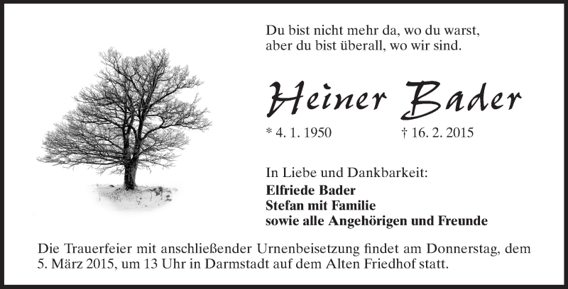  Traueranzeige für Heiner Bader vom 28.02.2015 aus Echo-Zeitungen (Gesamtausgabe)