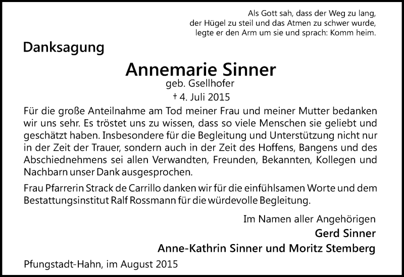  Traueranzeige für Annemarie Sinner vom 08.08.2015 aus trauer.echo-online.de