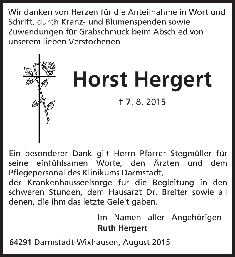  Traueranzeige für Horst Hergert vom 26.08.2015 aus trauer.echo-online.de
