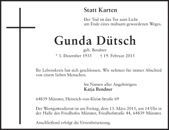 Traueranzeige von Gunda Dütsch von Darmstädter Echo, Odenwälder Echo, Rüsselsheimer Echo, Groß-Gerauer-Echo, Ried Echo