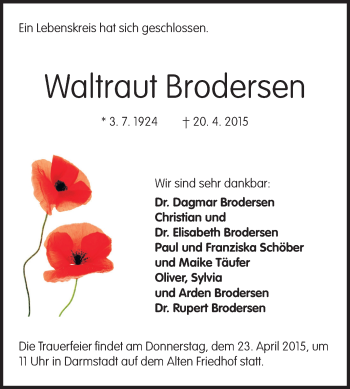 Traueranzeige von Waltraut Brodersen von Echo-Zeitungen (Gesamtausgabe)