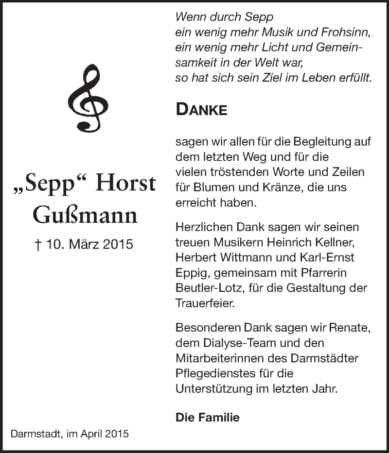  Traueranzeige für Horst Gußmann vom 18.04.2015 aus Echo-Zeitungen (Gesamtausgabe)