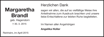 Traueranzeige von Margaretha Brandl von Darmstädter Echo, Odenwälder Echo, Rüsselsheimer Echo, Groß-Gerauer-Echo, Ried Echo