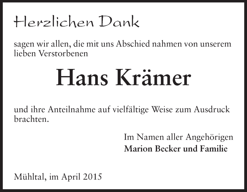  Traueranzeige für Hans Krämer vom 25.04.2015 aus Echo-Zeitungen (Gesamtausgabe)