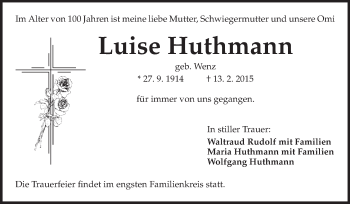 Traueranzeige von Luise Huthmann von Echo-Zeitungen (Gesamtausgabe)