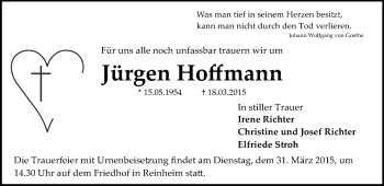 Traueranzeige von Jürgen Hoffmann von Darmstädter Echo, Odenwälder Echo, Rüsselsheimer Echo, Groß-Gerauer-Echo, Ried Echo