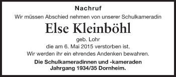 Traueranzeige von Else Kleinböhl von Rüsselsheimer Echo, Groß-Gerauer-Echo, Ried Echo