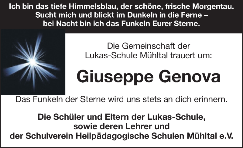  Traueranzeige für Guiseppe Genova vom 22.01.2015 aus Echo-Zeitungen (Gesamtausgabe)
