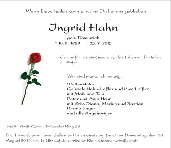 Traueranzeige von Ingrid Hahn von trauer.echo-online.de