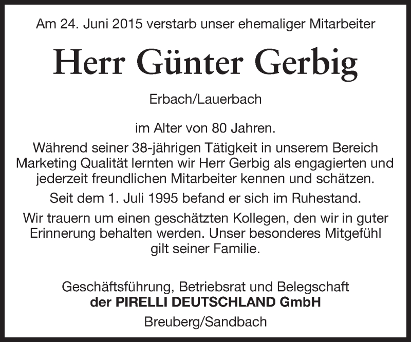  Traueranzeige für Günter Gerbig vom 04.07.2015 aus Odenwälder Echo