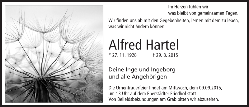  Traueranzeige für Alfred Hartel vom 05.09.2015 aus trauer.echo-online.de