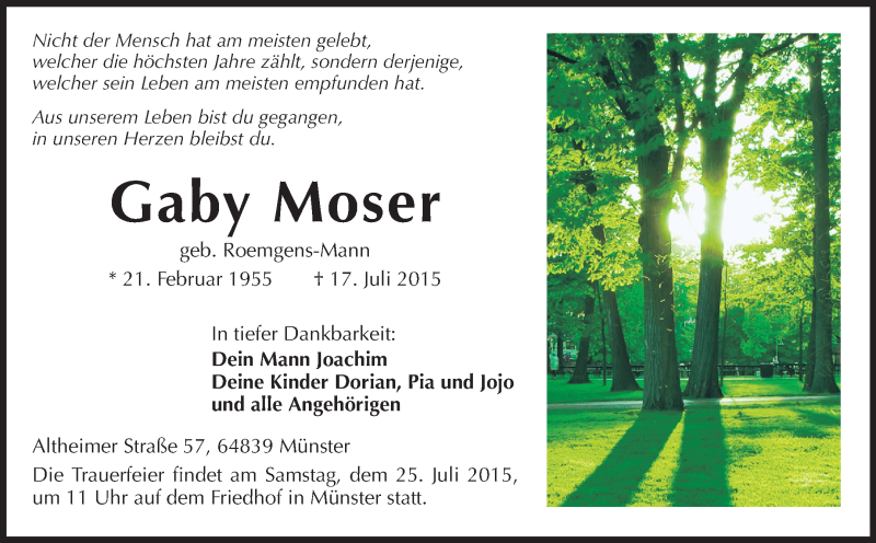  Traueranzeige für Gaby Moser vom 22.07.2015 aus Echo-Zeitungen (Gesamtausgabe)