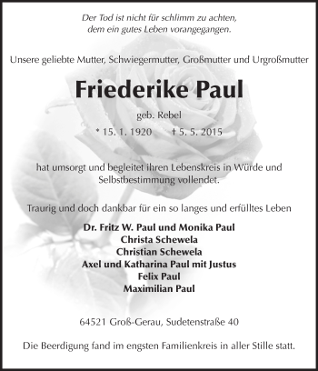 Traueranzeige von Friederike Paul von Rüsselsheimer Echo, Groß-Gerauer-Echo, Ried Echo