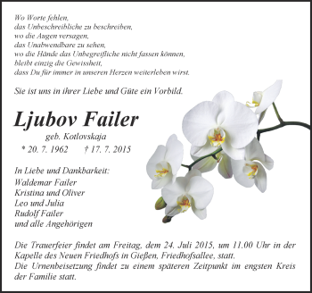 Traueranzeige von Ljubov Failer von  Kreisanzeiger