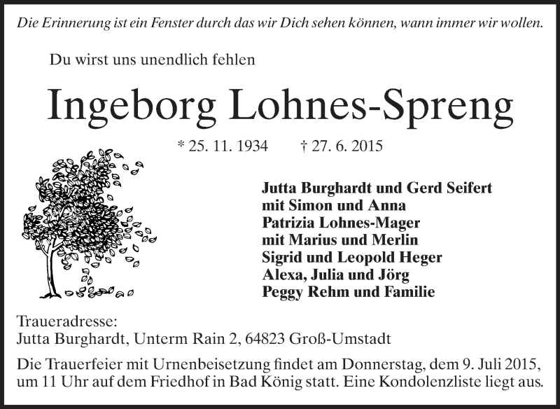  Traueranzeige für Ingeborg Lohnes-Spreng vom 03.07.2015 aus Odenwälder Echo