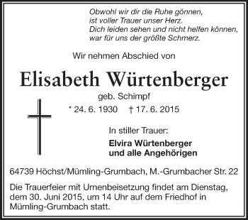Traueranzeige von Elisabeth Würtenberger von Odenwälder Echo