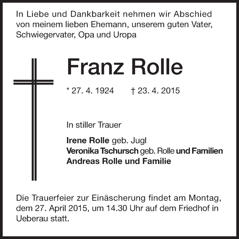  Traueranzeige für Franz Rolle vom 25.04.2015 aus Echo-Zeitungen (Gesamtausgabe)