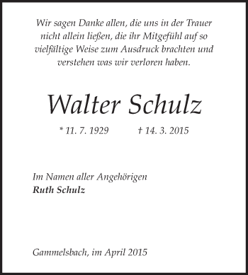 Traueranzeige von Walter Schulz von Odenwälder Echo
