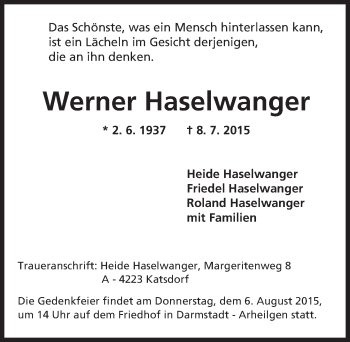 Traueranzeige von Werner Haselwanger von trauer.echo-online.de