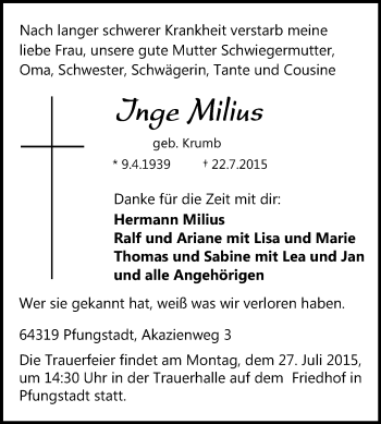 Traueranzeige von Inge Milius von Echo-Zeitungen (Gesamtausgabe)