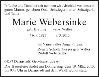 Traueranzeige von Marie Webersinke von Echo-Zeitungen (Gesamtausgabe)