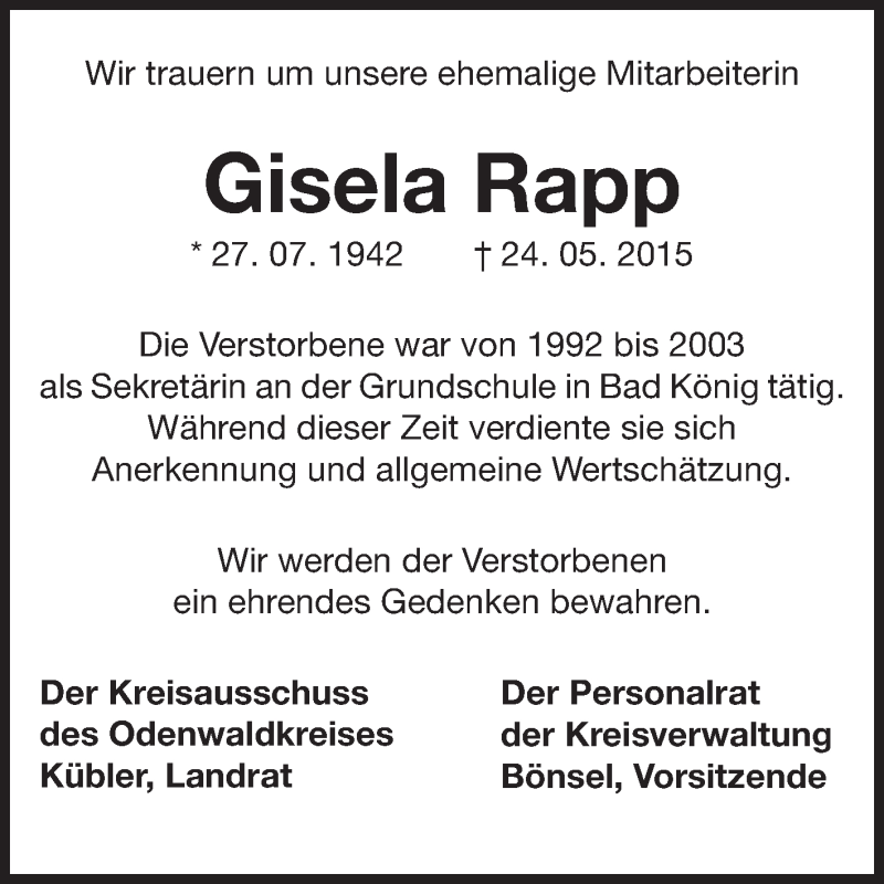  Traueranzeige für Gisela Rapp vom 29.05.2015 aus Odenwälder Echo