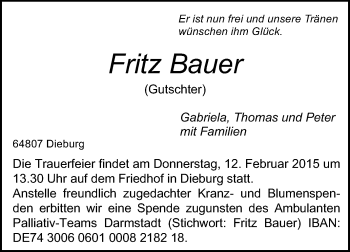 Traueranzeige von Fritz Bauer von Echo-Zeitungen (Gesamtausgabe)