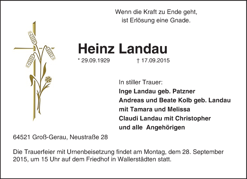  Traueranzeige für Heinz Landau vom 24.09.2015 aus trauer.echo-online.de