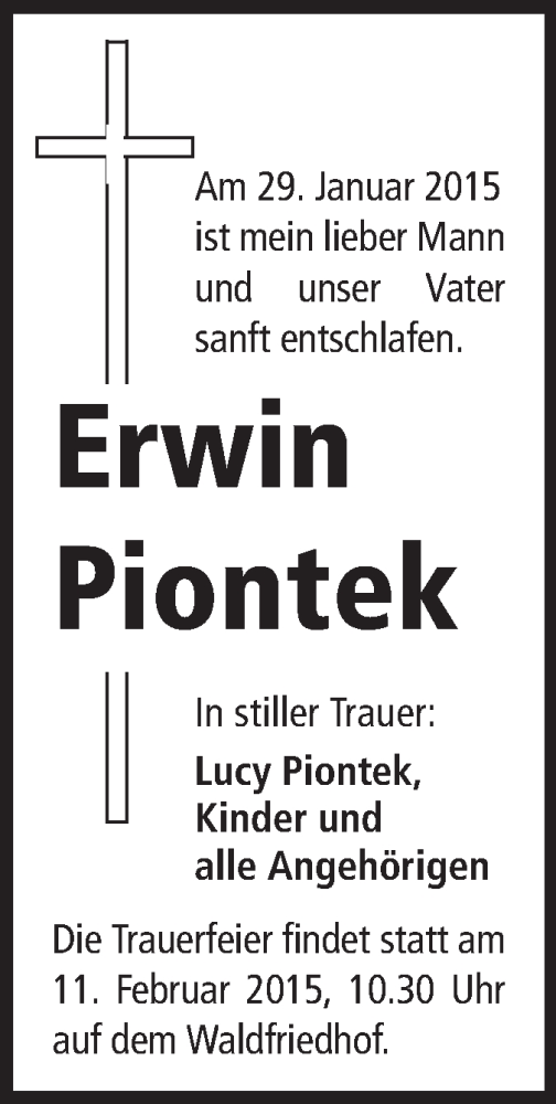  Traueranzeige für Erwin Piontek vom 07.02.2015 aus Echo-Zeitungen (Gesamtausgabe)
