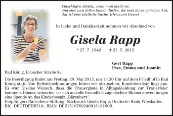 Traueranzeige von Gisela Rapp von Odenwälder Echo