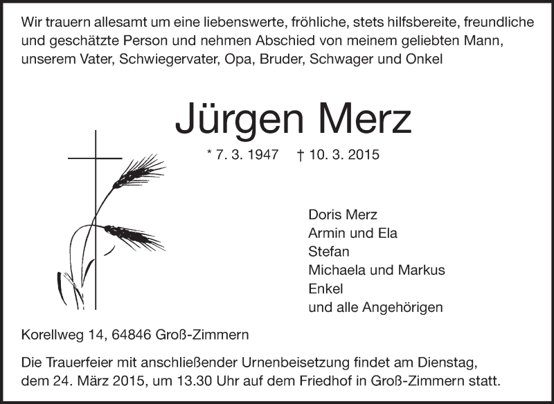  Traueranzeige für Jürgen Merz vom 19.03.2015 aus Echo-Zeitungen (Gesamtausgabe)