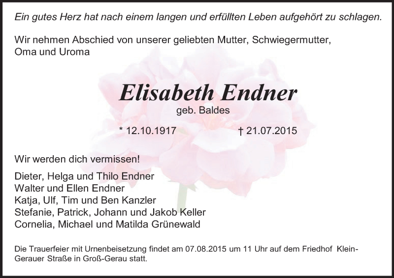  Traueranzeige für Elisabeth Endner vom 25.07.2015 aus Echo-Zeitungen (Gesamtausgabe)
