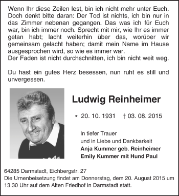 Traueranzeige von Ludwig Reinheimer von trauer.echo-online.de