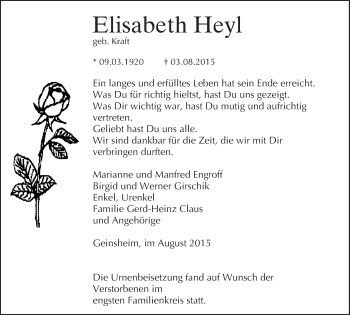 Traueranzeige von Elisabeth Heyl von trauer.echo-online.de