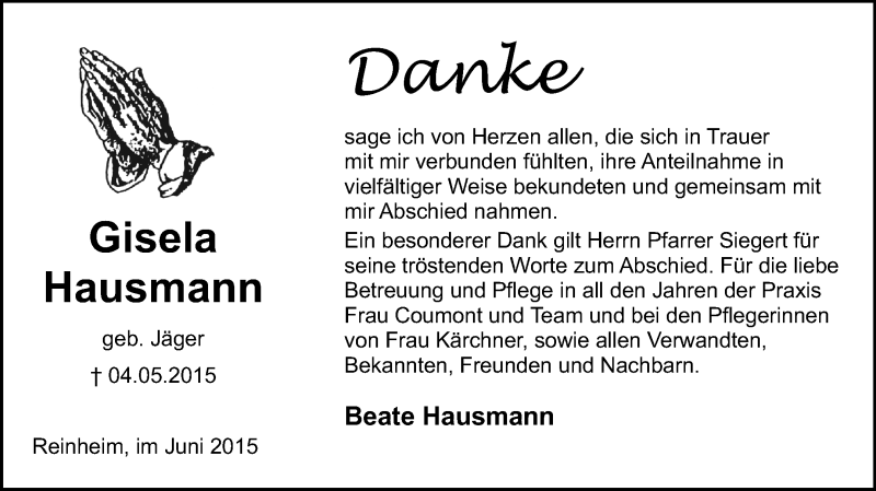  Traueranzeige für Gisela Hausmann vom 06.06.2015 aus Darmstädter Echo, Odenwälder Echo, Rüsselsheimer Echo, Groß-Gerauer-Echo, Ried Echo