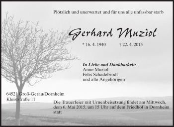 Traueranzeige von Gerhard Muziol von Rüsselsheimer Echo, Groß-Gerauer-Echo, Ried Echo