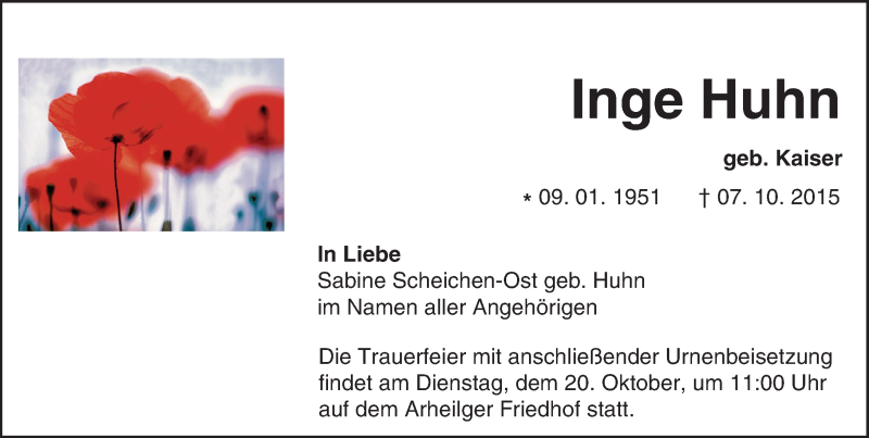  Traueranzeige für Inge Huhn vom 10.10.2015 aus trauer.echo-online.de