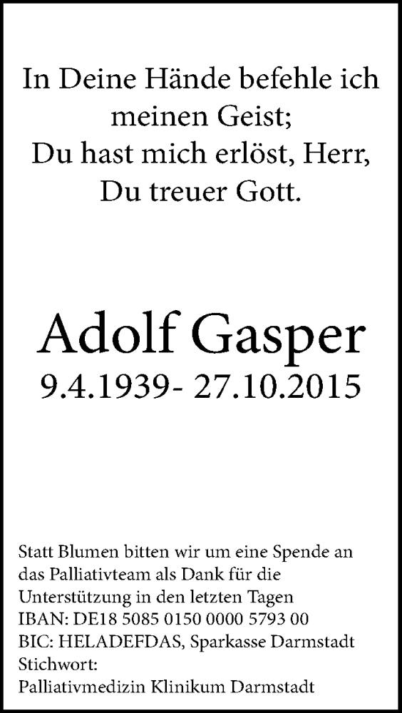  Traueranzeige für Adolf Gasper vom 31.10.2015 aus trauer.echo-online.de