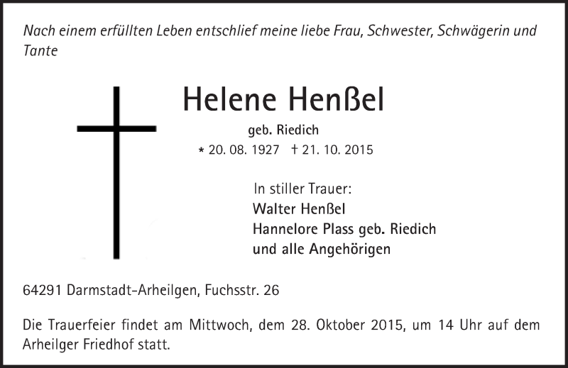  Traueranzeige für Helene Henßel vom 24.10.2015 aus trauer.echo-online.de