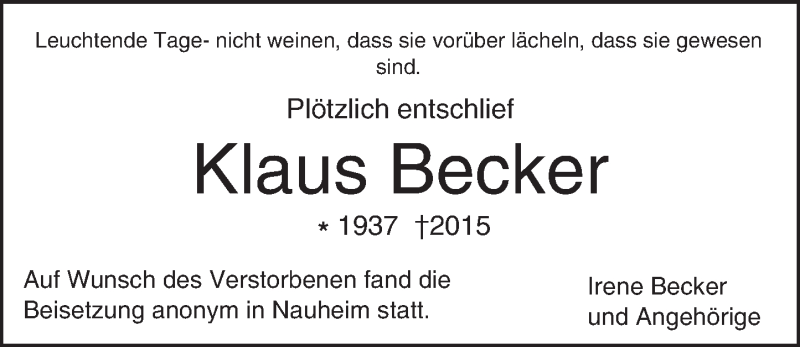 Traueranzeige für Klaus Becker vom 21.10.2015 aus trauer.echo-online.de