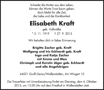 Traueranzeige von Elisabeth Kraft von trauer.echo-online.de