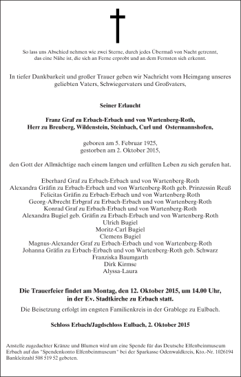 Traueranzeige von Franz Graf zu Erbach-Erbach und von Wartenberg-Roth, Herr zu Breuberg, Wildenstein, Steinbach, Curl und Ostermannshofen von trauer.echo-online.de