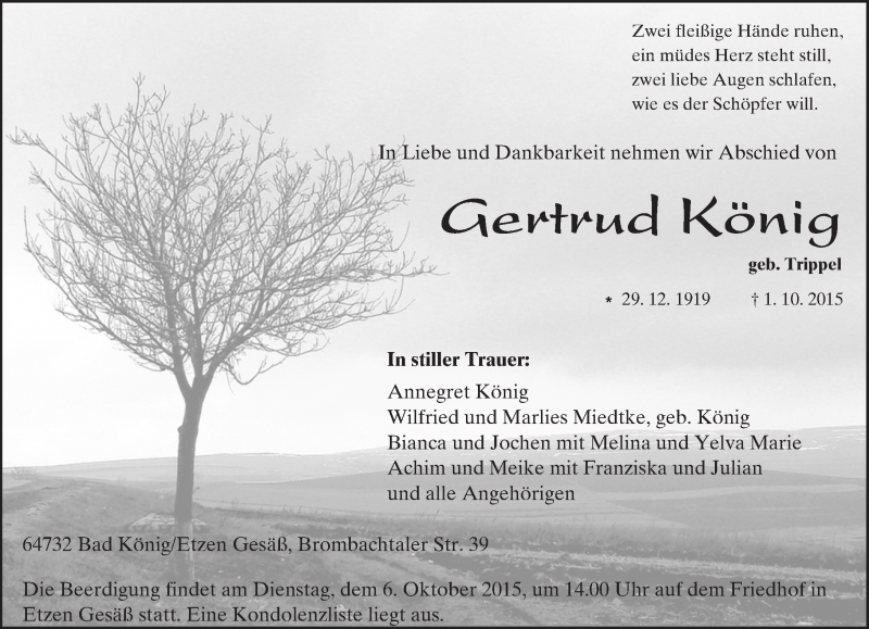  Traueranzeige für Gertrud König vom 05.10.2015 aus trauer.echo-online.de