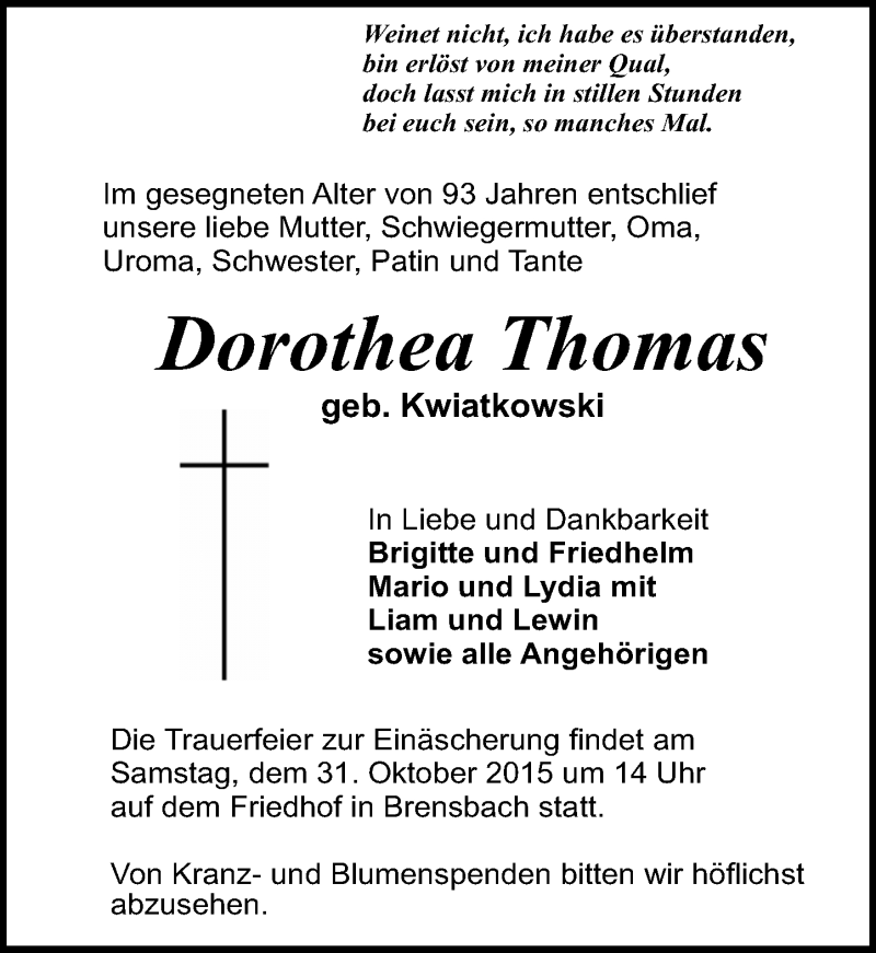 Traueranzeige für Dorothea Thomas vom 29.10.2015 aus trauer.echo-online.de