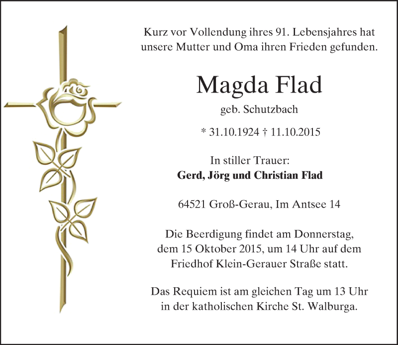  Traueranzeige für Magda Flad vom 14.10.2015 aus trauer.echo-online.de