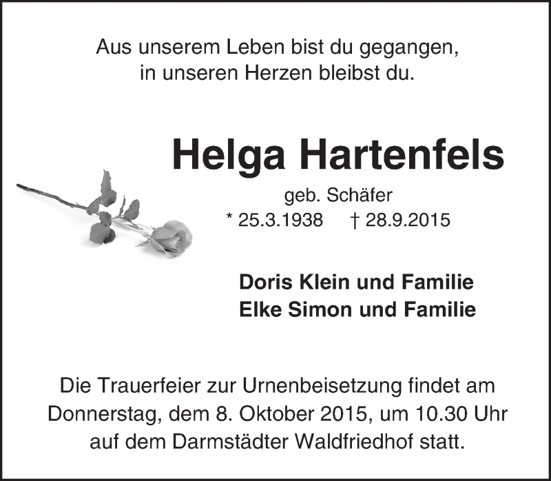  Traueranzeige für Helga Hartenfels vom 02.10.2015 aus trauer.echo-online.de