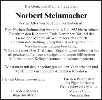 Traueranzeige von Norbert Steinmacher von trauer.echo-online.de