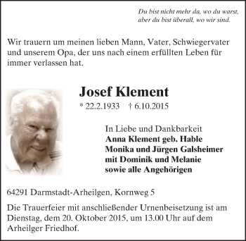 Traueranzeige von Josef Klement von trauer.echo-online.de