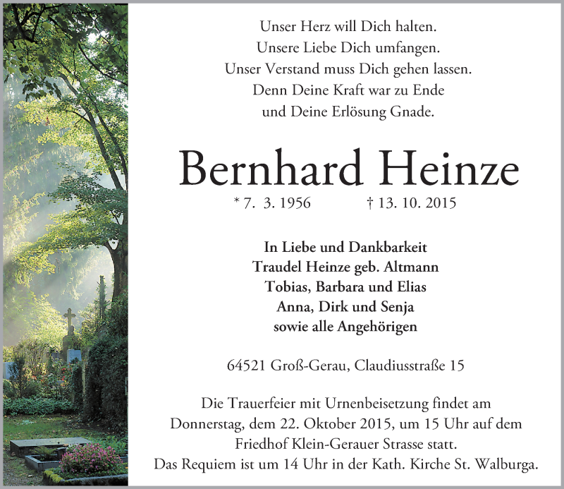  Traueranzeige für Bernhard Heinze vom 20.10.2015 aus trauer.echo-online.de